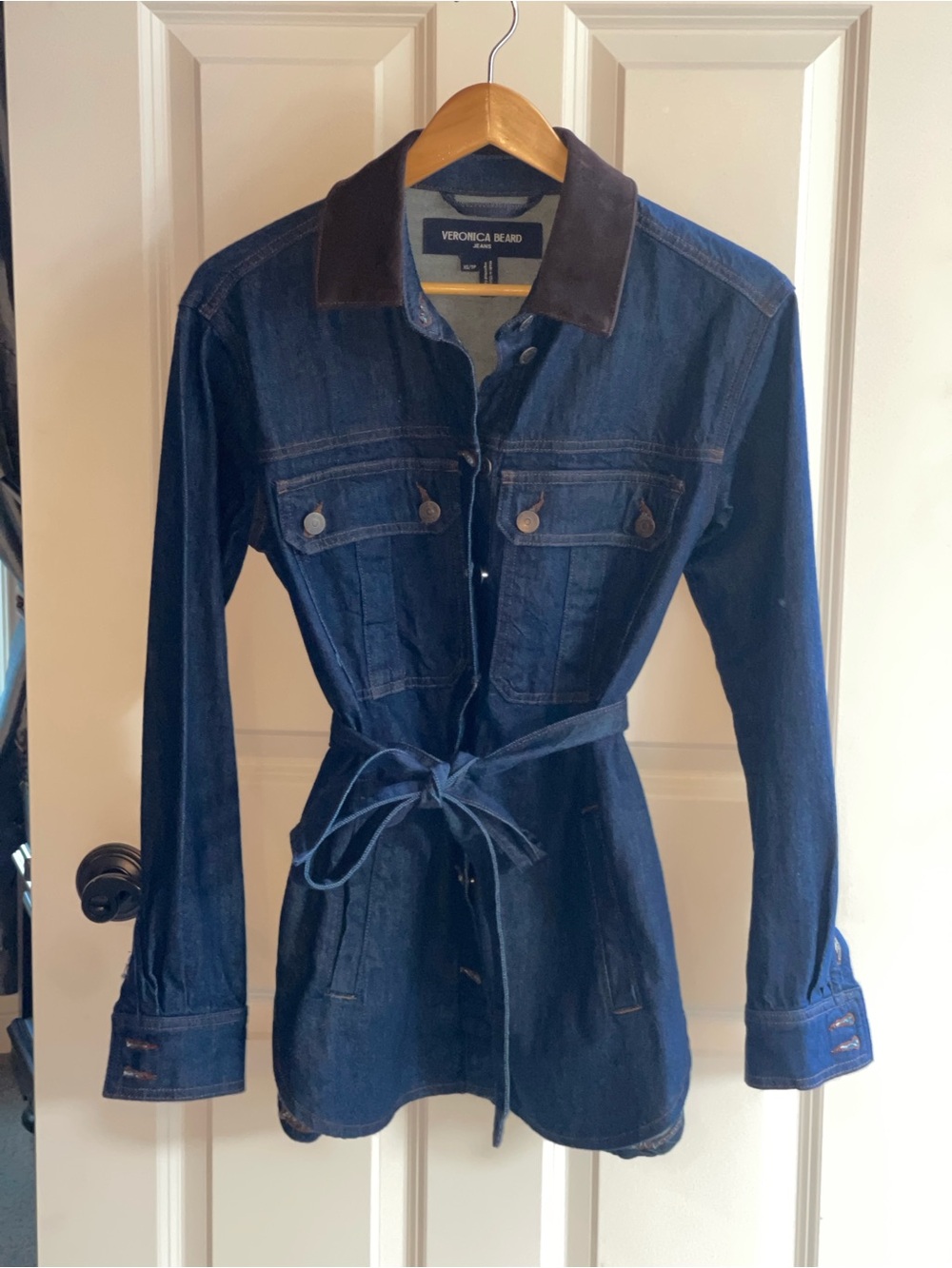 Veronica Beard Dark Blue Denim Jacket with Brown Corduroy Collar - Picture 4 of 10
